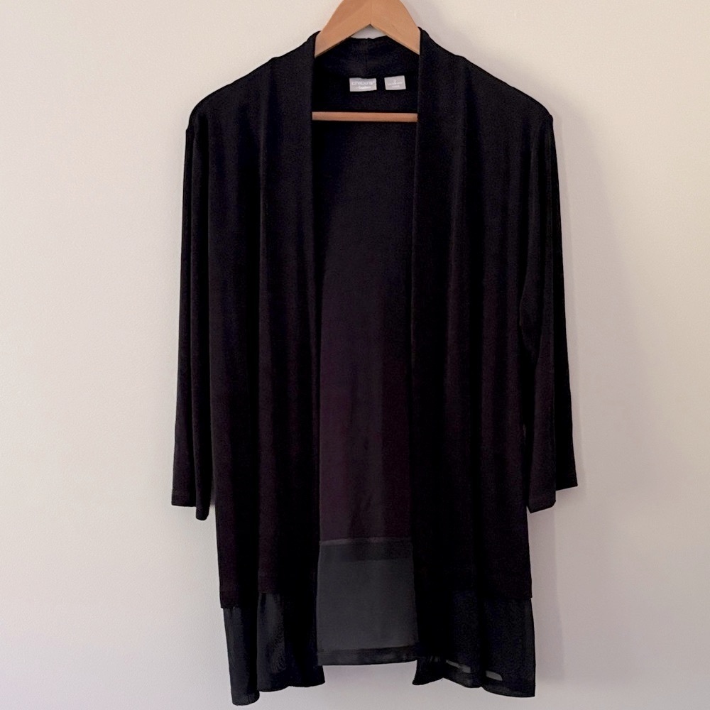 Chicos Travelers Collection Open-Front Mesh-Trim Cardigan Black Size 2/L